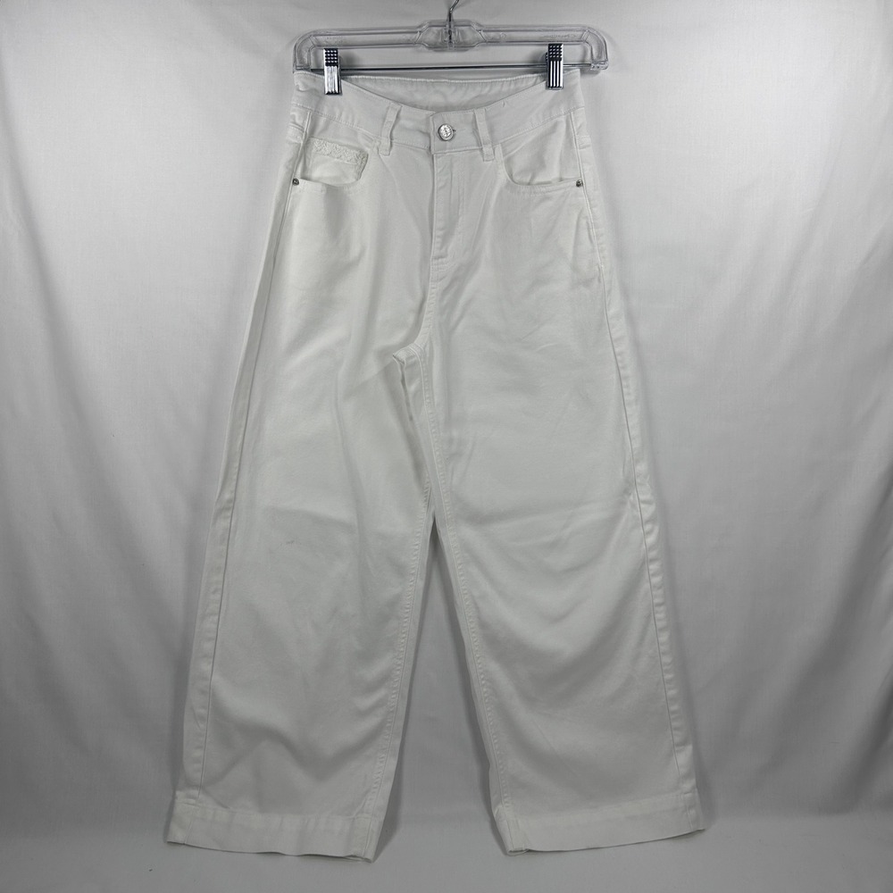 Boho Coquette White Lace-Trimmed Wide-Leg Jeans 26